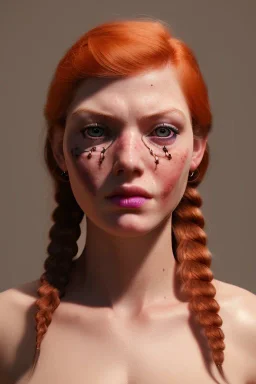 Woman, body 190kg, orange hair, two braids, bangs, rossi eyes, big eyes, freckles, long eyelashes, Frozen, 8k resolution