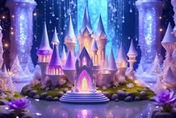 a differents beautiful crystal big fairy castles in the fantasy ambience cosmic, lights and beautiful crystal ametist, diamonds, glitter smalls and littles stars, white and glitter flowers, and stars in the fantasy cosmos,4k, ultra details, real image