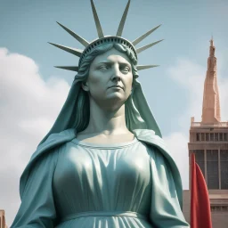 Photorealistic image of the statue of liberty clothed like a maid from The Handmaid's Tale