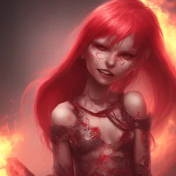 evil satanic girl, full body, smiling, crimson flaming hair, glowing veins, bloody dark cave background,