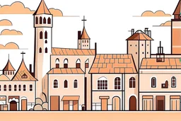 Scene foreground, background, middle ground with que, framed by alleyways, in front of a building in a not scary hell, Middle Ages style, an exaggerated long que of people outside the building, waiting in line, style: children’s book illustration, flat vector-like, no shadow, minimalistic, no outline, realistic colors in orange, red shades