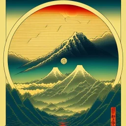 Ukiyo-e styled art, yin and yang sign, mountains and sun