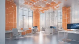 Capture the essence of a futuristic office in a visually striking image. Envision the subject as an office space rendered in a digital wireframe, with 3D cubes forming its structural elements. Ensure the style reflects that of futuristic photography, highlighting the sleek and modern aspects of the space. Incorporate a color palette dominated by light blue and orange tones to infuse a harmonious and dynamic atmosphere into the composition. Aim for a seamless blend of the digital wireframe