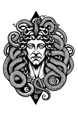 a 12 sided star with snakes head as the points, each snake has a different expression. like greek statue of medusa. a black drawing in the style of gustav dore. on a white background