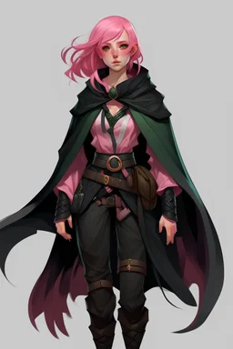 beautiful half elf with pink hair in a black jumpsuit and cloak dnd