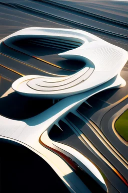 Vista de planta mirando desde el cielo hacia abajo aeropuerto arquitectura minimalista estilo Zaha Hadid calidad ultra 3D