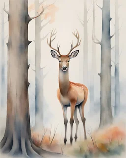 deer with antlers standing sideways, looking at viewer, realistic water color painted, among tall simplified tree trunks, foggy, pastels, colorful