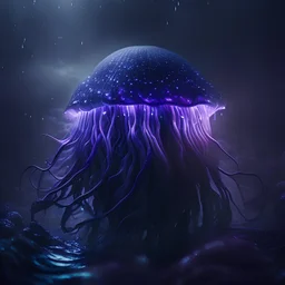 Close-up of Gorgeous dark hooded jellyfish-man in dark night heavy fog