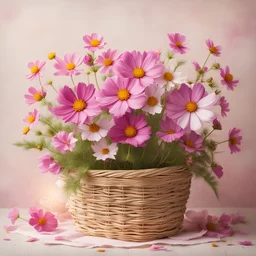 Mothers Day card with cosmos flowers in wicker basket