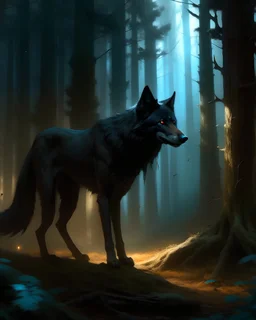 a large black wolf in a night forest, Bastien L. Deharme, magic the gathering artwork, concept art, fantasy art