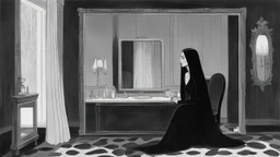 [art by Charles Addams] Morticia Addams sits in front of a mirror at a vanity, in her room