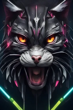 assassin's creed cat face, hyperrealistic, weapons, expressively detailed, dynamic light, dark scenery, cyberpunk, dark fantasy, neon lighting