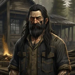 The large and furious black haired lumberyard owner "Big K" grimdark realistic apocalypse survivor