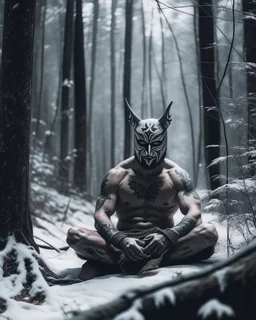 man sitting on a throne in a relaxed laid back style, middle of a snowy forest, muscular athletic physique, wearing a japanese Hannya demon mask over face, cinematic greyish filter