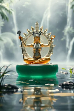 action figure of a glossed and transparent chained and crucified electric female duck yoga master on round swamp transparent glass boat eye throne in a charged foggy jungle starry waterfall, blur background to make character pop out