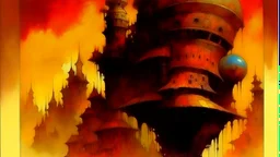 John Harris Style page, ((masterpiece, best quality)), full color, full color, dark serious 1980s steampunk cityscape, magic, watercolor,