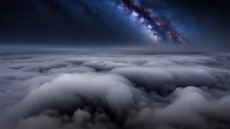 looking down from space at the mist and clouds, surrounded by the mist at night starry sky.