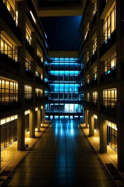 A large, international, electronically advanced university, at night, in corridors