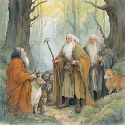 [aquarelle by Moebius: three Middle-earth Istaris are Jonathan Pryce, Sylvester McCoy and Jean Rochefort] Radagast, with his unkempt hair and a menagerie of animals, shared a hearty chuckle with Saruman, the wise and cunning Istari. And there, in the midst of it all, stood Gandalf, a twinkle in his eyes as he joined in the mirth.Their laughter echoed through the night, a rare moment of camaraderie amidst the chaos of their journeys.