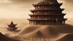 ancient, fantasy, chinese town, dune, crater, sand strom, destroyed chinese houses