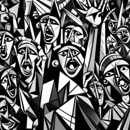 picasso cubism crowd of people black and white screaming