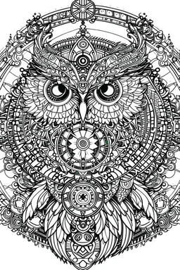 Mandala of Mechanical Owl with Full Moon, outlined in black and white with clear, thick lines for an adult coloring book, contour, vector, clean line art, isolated on a white background