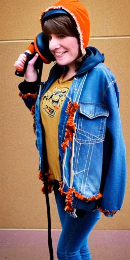 Brunette woman.thick thighs,thick calves,normal bodytype. big head. Mantle is sewed of upcycled Denim and sewed together of camouflage pieces. Colors are orange,red, cream and purple and various denim colors. It is with big bright purple felt tippet and cream-colored-hood. mantle is merged with satchel, ochre. AKG-style headphones (gold rings!) is merged with small felt cap with visor. Style: Haute Couture in 1950's, N.Y.C fashion in 2024, inspired by street art. Cream latex gaiter. Tennis shoes