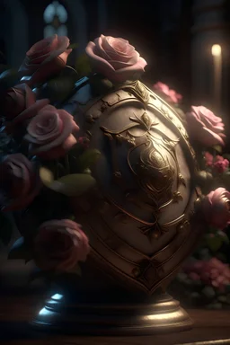 Shield of Honor, Bouquet of Roses, by Skyrn99, highly detailed, highly realistic, high resolution, daylight, cinematography