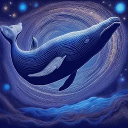 Create an image of a colossal, surreal whale dominating the foreground, blending into a starry night. The whale itself is a deep, cosmic blue with celestial bodies and stardust spiraling within it, suggesting a galaxy. It features intricate patterns and textures that reminisce the surface of a planet. The galaxy is alive with motion, reflecting the light of a super star (blue) that glimmers. The transition is seamless, symbolizing a cosmic fusion of whale and space, hinting at the vast and myste