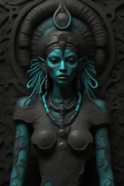 kali goddess, psychedelic Indian, 3D, dark color scheme and little bit of turquoise, in the style of Paulo Serpireri and HR Giger