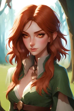 A female halfing, uneven auburn hair, hazel brown eyes, druid powers and clothing