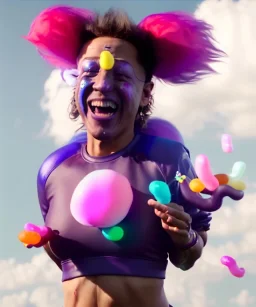 Ultra realistic speed clouds sky scene, wide angle view, sweet women falling down, inflatable color clothing, free jumping flying, many trinkets, hair monster. many jelly beans, balls, color smoke, smile, happy, circus style, extreme, wind, 20,000 feet altitude, stratosphere, soft color, highly detailed, unreal engine 5, ray tracing, RTX, lumen lighting, ultra detail, volumetric lighting, 3d, finely drawn, high definition, high resolution.