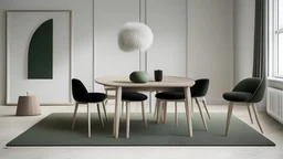 large room, fluffy wool rug, minimalist scandinavian interior. minimalist oak wood dining table and chairs, black, beige, green, white