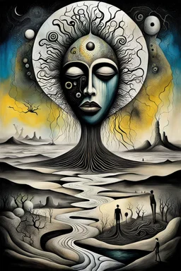 paIinted inner world and dynamics of the uncontrolled mind ans soul, chaotic, lonely little island sits in the cold deep Sahara, a surreal cracked, painted weird land. The Whimsical style of Chagall meets the dark visions of Minjae Lee and the thick, impasto textures of Anton Semenov lonely, sad lives and absurd beauty, deep, dark nightmare . The broken, weird inhabitants of this bizarre landscape, rendered in deep colors, dark dunes, shattered life. . The thick layers of impasto paint, surreal
