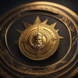 a single gold coin named a Gold Sun standing on edge. viking design. kings portrait. show one coin. show whole coin. fantasy concept art, exquisite realism, a masterpiece, dynamic lighting, hyper detailed, intricately detailed, deep color, Unreal Engine, volumetric lighting , Epic cinematic brilliant stunning intricate meticulously detailed dramatic atmospheric maximal,