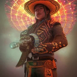 Insanely detailed photograph of an “male mariachi warrior holding glowing D20” with intricate detailed Sombrero, intricate charo, hyperdetailed painting by Ismail Inceoglu Huang Guangjian and Dan Witz CGSociety ZBrush Central fantasy art album cover art,8K, hdr, mysterious, flickeringlights ,Stoic