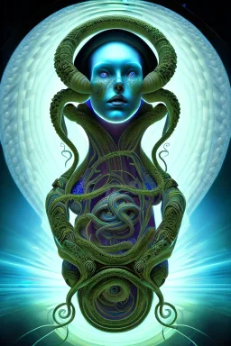 Spiritual being with Tentacles over human Head creating reality around, wrapping Spiral around Human, Psychedelic