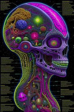 Fantasy00d Technical Diagram, Info graphic, Charts, of A Cosmic Anatomical Abomination Monster head, Info Graphic, Scientific, Data Diagram, Nervous System, Galaxy, Radioactive Colors, Midnight Aura, Ultra Detailed, H.R. Giger, Max Ernst, Thomas Kinkade, Robert Gonsalves, Dark Galaxy Background