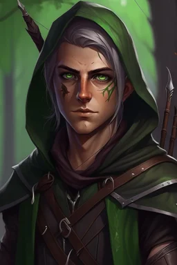 Portrait of 35 year old gender neutral rogue elf, thief assassin, mauve hair, bright green eyes, brown skin, black hood, black leather armor, messy, disheveled, trees, sneaky, bow and arrows, long and lean