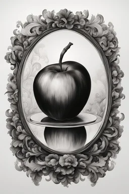 A realistic drawing in negative space black ink on white background of a apple in a mirror baroque with very defined and correct details and brushstrokes smoke around it