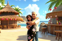 3D video game characters, a brown-haired blue-eyed plus sized woman in a black dress with white and pink flowers hugging a bald silver haired thin man with brown eyes, wearing white shirt and jeans at the beach in sunshine, tiki bar, cocktails, hearts, waterfall, happiness