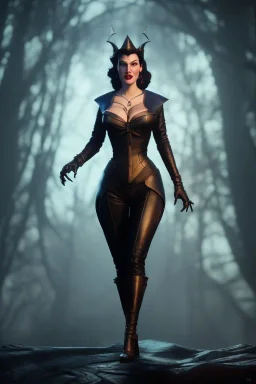 Ava Gardner as evil queen in black leather, busty, cleavage, curvy, angry, stern look. character design by cory loftis, fenghua zhong, ryohei hase, ismail inceoglu and ruan jia. unreal engine 5, artistic lighting, highly detailed, photorealistic, fantasy