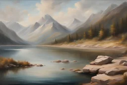 an oil-painted shore of a mountain lake