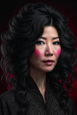 portrait of a mature asian goth woman with wavy black hair, fantasy style, realistic style, highly intrictae details, high quality, 8k