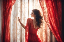 A beautiful brunette woman looks out from behind a red lace and silk curtain, holds the curtain with one hand and pulls it away in sunshine, watercolor and black ink outlines, sparkling golden glitter, ethereal, cinematic postprocessing, bokeh, dof