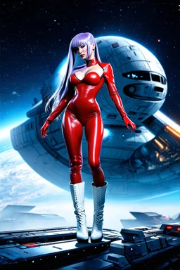 White woman with long purple hair, a good, athletic body, nice legs, and a large bust, dressed in a red latex mini suit and white boots, stay in an alien-like technological ship, with a destroyed spaceship in the background.