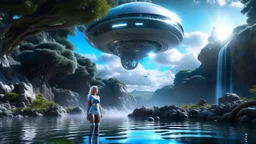 futuristic floating island suspended in the air, cities, fantasy, A woman with blond hair in a robotic silver catsuit, standing on the right of a partially submerged sleek crashed spaceship, on an alien beach, with towering alien trees, high details