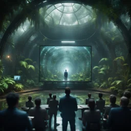 TED talk and video conference on transparent video screen with multiple sick aliens held by a scientist in dark lit reflective wet jungle metallic hall dome hotel tunnel, in the style of a fallout 4,bokeh like f/0.8, tilt-shift lens 8k, high detail, smooth render, down-light, unreal engine, prize winning