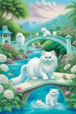 in the center: beautiful chunky white persian cats with blue/green eyes, playing on a bridge with kittens, under the brigde flows a small blue river; background: landscape with palm trees, first plan: pink roses: white clouds