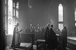 a priest in a crowded church who realizes that he is having an attack of colitis and, while he is preaching, tries to hold back a big fart. Insane details, photo shooted by Nadar. Low contrast, no hands